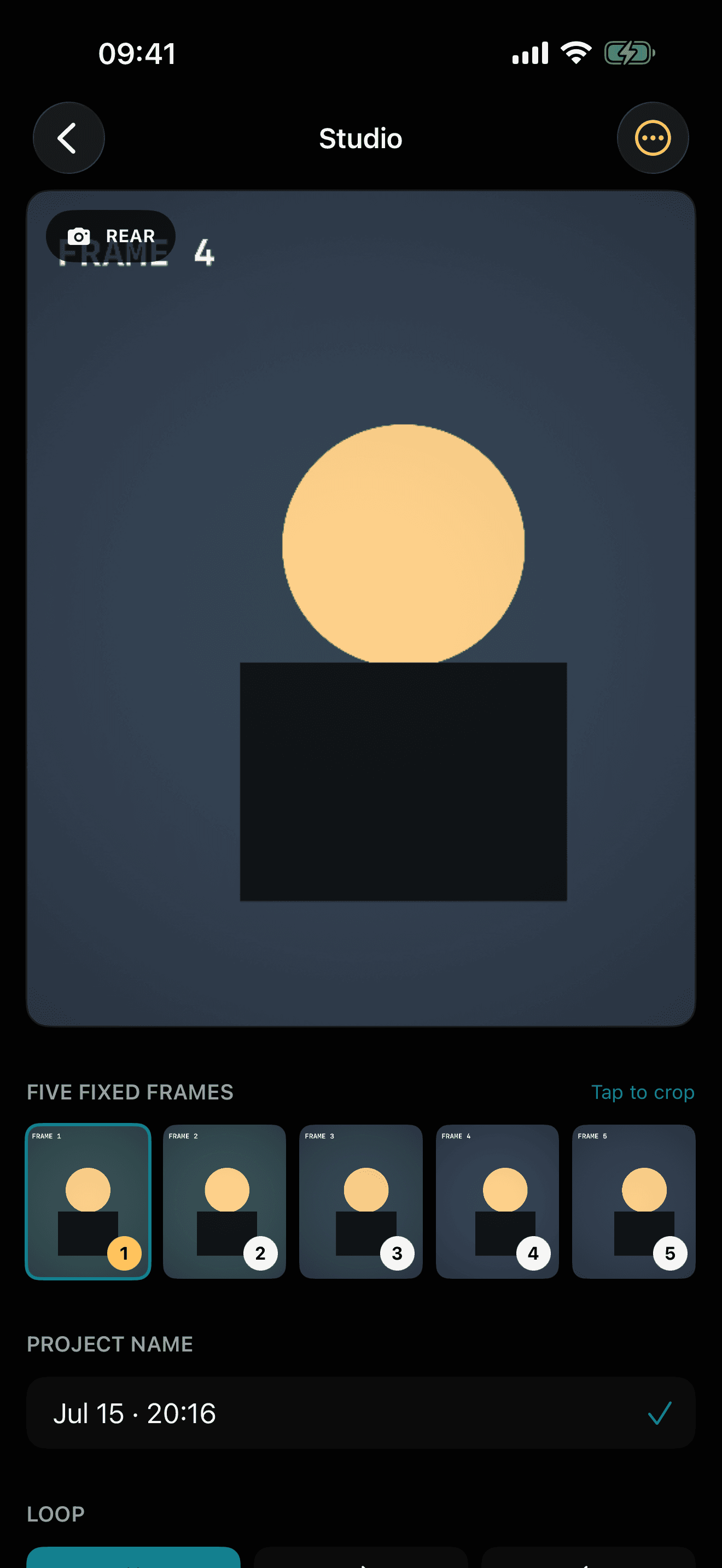 Wigglegram editor showing five captured frames