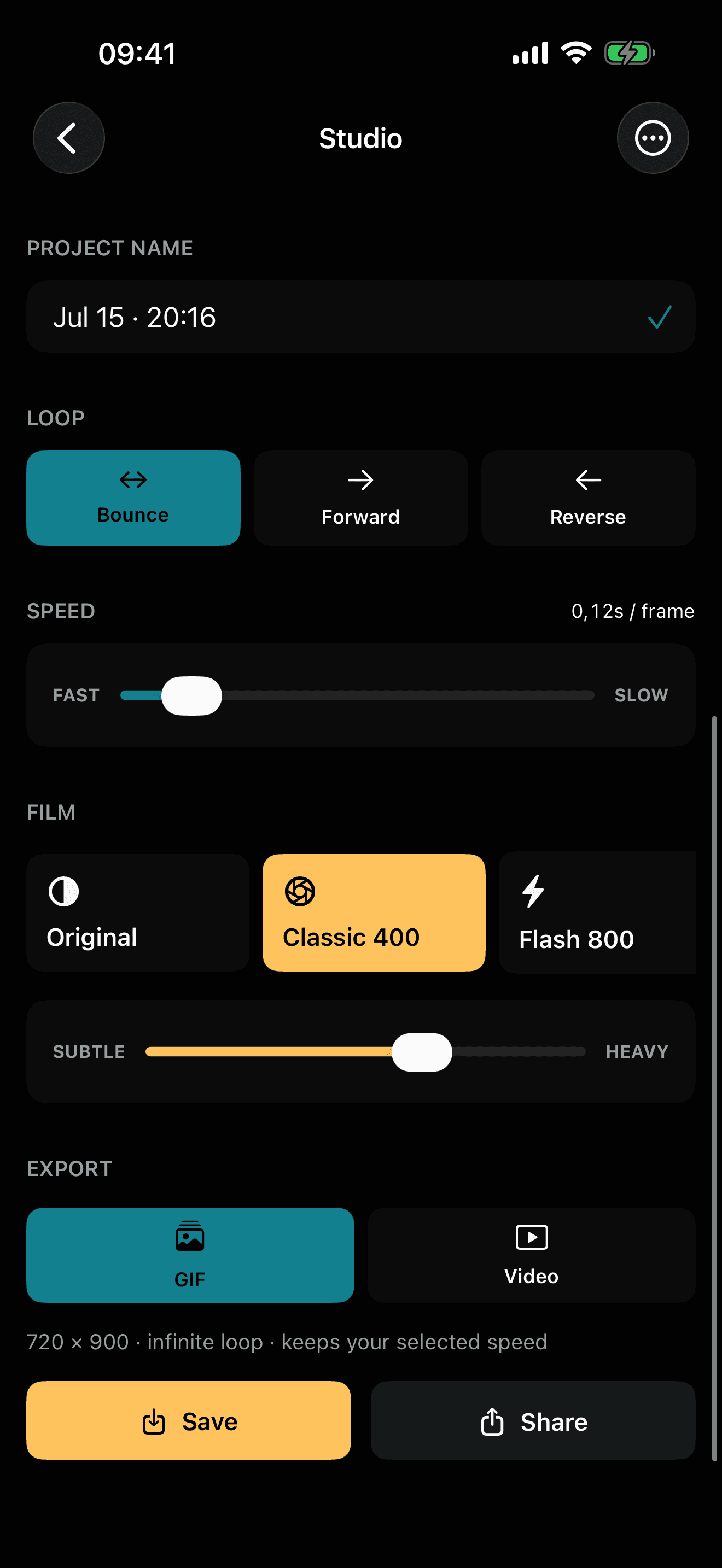 Wigglegram editor controls for loop direction, speed, film, and export